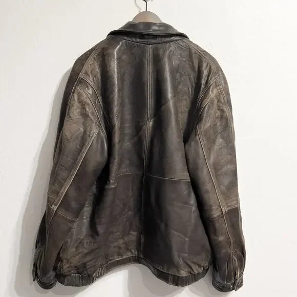 Vintage Brown Leather Bomber Large Full Zip Jacket Dad 80s 90s Distressed Heavy - Picture 2 of 15